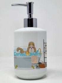 Gold and White Shih Tzu Ceramic Soap Dispenser Hand Soap Dispenser Pump Bottles for Bathroom Kitchen, Empty Refillable Liquid Soap Container