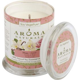 HOPE AROMATHERAPY by Hope Aromatherapy ONE 3x3.5 inch MEDIUM GLASS PILLAR SOY AROMATHERAPY CANDLE. COMBINES THE ESSENTIAL OILS OF VANILLA & ROSE. BURN