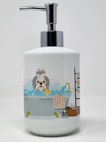 Silver White Shih Tzu in Bathtub Ceramic Soap Dispenser Hand Soap Dispenser Pump Bottles for Bathroom Kitchen, Empty Refillable Liquid Soap Container