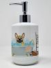 Cream French Bulldog in Bathtub Ceramic Soap Dispenser Hand Soap Dispenser Pump Bottles for Bathroom Kitchen, Empty Refillable Liquid Soap Container