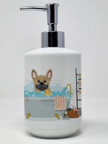 Cream French Bulldog in Bathtub Ceramic Soap Dispenser Hand Soap Dispenser Pump Bottles for Bathroom Kitchen, Empty Refillable Liquid Soap Container