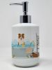 Red White Border Collie in Bathtub Ceramic Soap Dispenser Hand Soap Dispenser Pump Bottles for Bathroom Kitchen