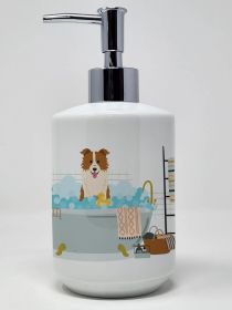 Red White Border Collie in Bathtub Ceramic Soap Dispenser Hand Soap Dispenser Pump Bottles for Bathroom Kitchen